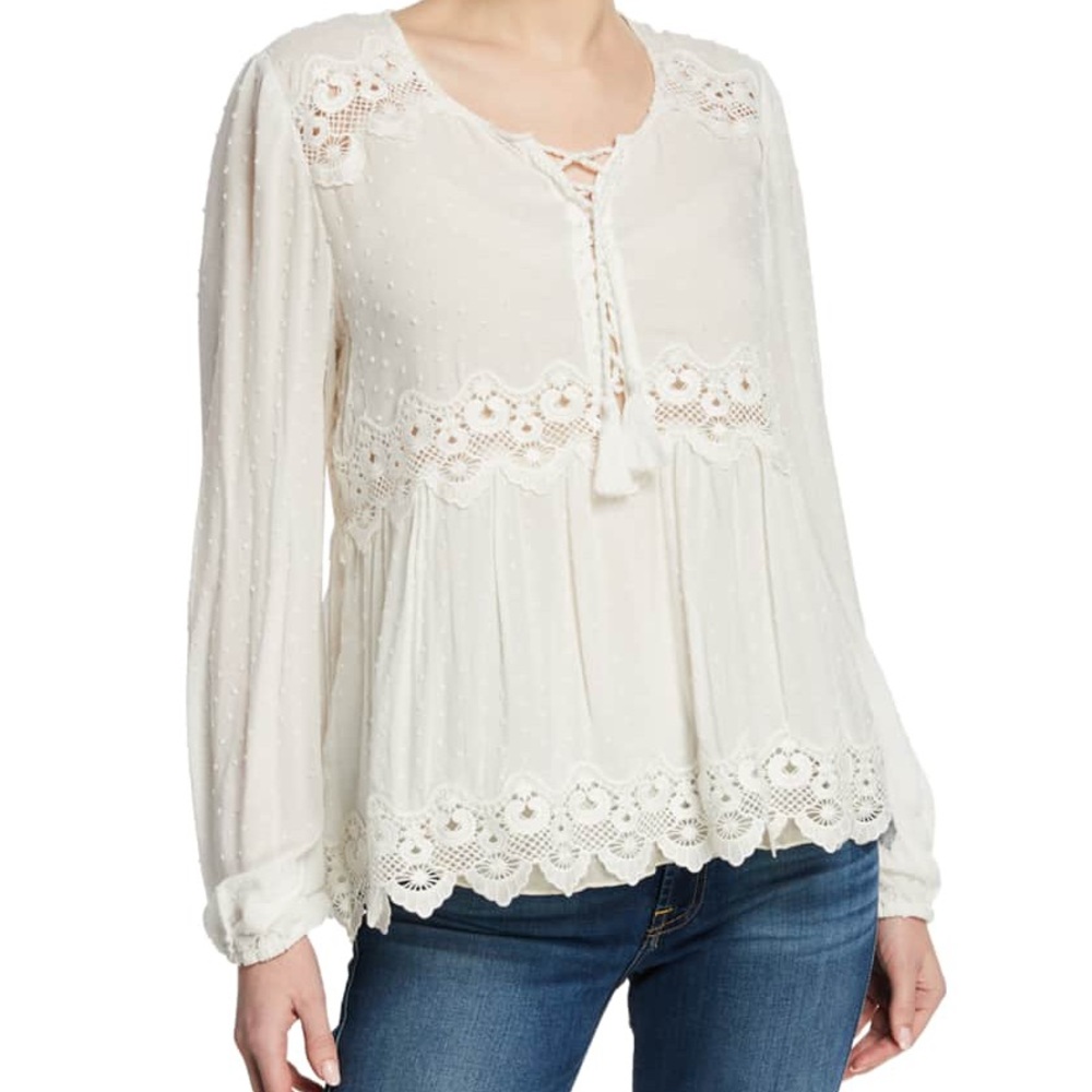 Jade by Johnny Was Mikala Raised Dot Lace-Up Front Long-Sleeve Blouse